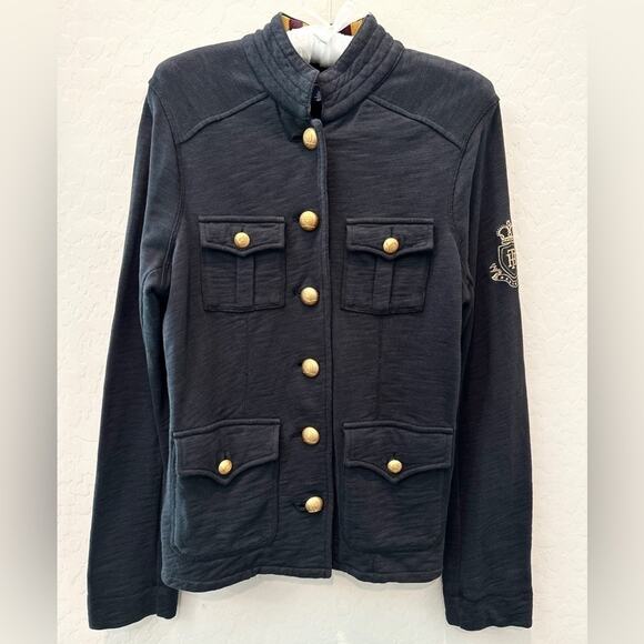 TOMMY HILFIGER Navy Military Jacket Gold Crest Buttons Embroidered Sleeve Small - Picture 1 of 8